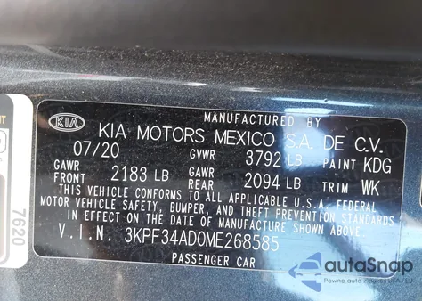 2021 Kia Forte Gt-Line из США, поврежденный, VIN 3KPF34AD0ME268585